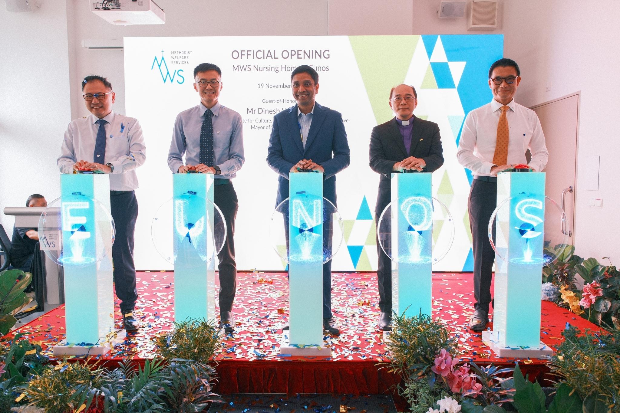 From left: Ronnie Gan, Vice-Chairperson of MWS Board of Governance (BOG); Eugene Toh, Chairperson of MWS BOG; Dinesh Vasu Dash, Mayor of South East District and Guest-of-Honour; Reverend Philip Lim, Bishop of The Methodist Church in Singapore and MWS Patron; and Calvin Ngo, MWS CEO at the official opening of MWS Nursing Home – Eunos.