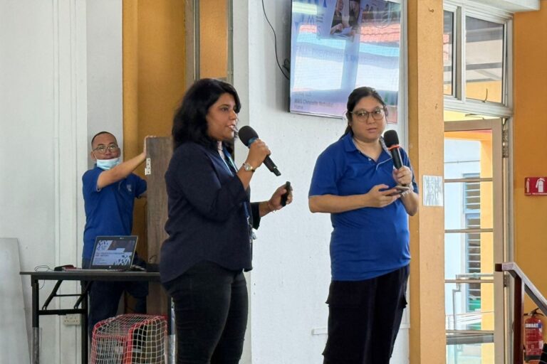 MWS principal physiotherapist Vanitha and partnerships executive Jacelyn guiding residents on fall prevention strategies