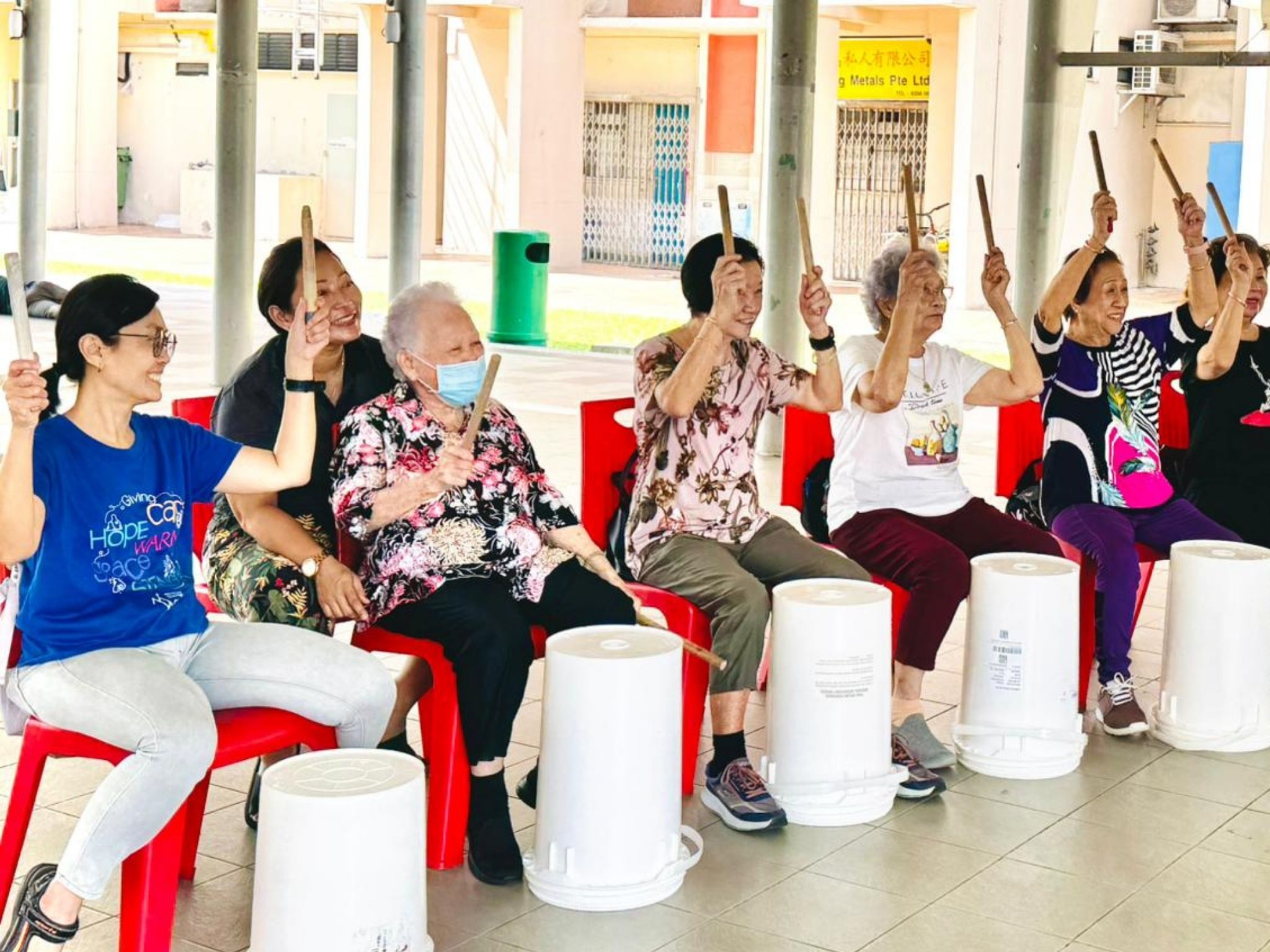 An upcycled drumming session at MWS 
Wesley Active Ageing Centre – Jalan Berseh.