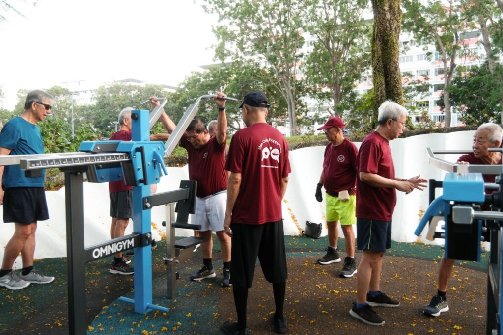 The adjustable outdoor gym equipment helps seniors build strength safely